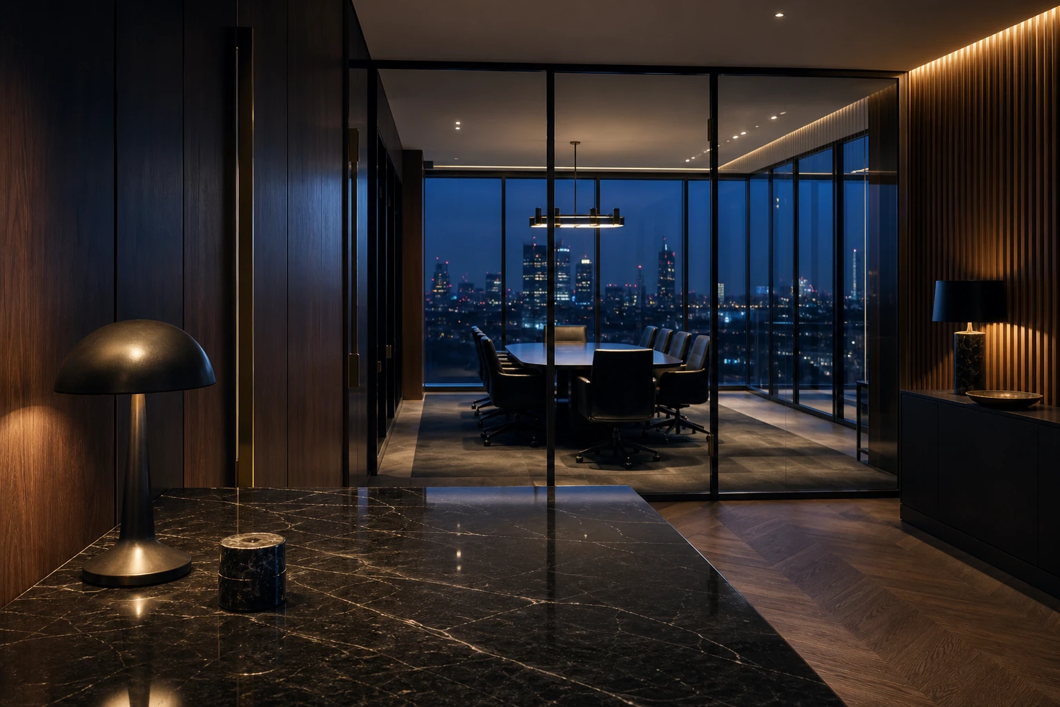 A private investment boardroom prepared for a partnership meeting