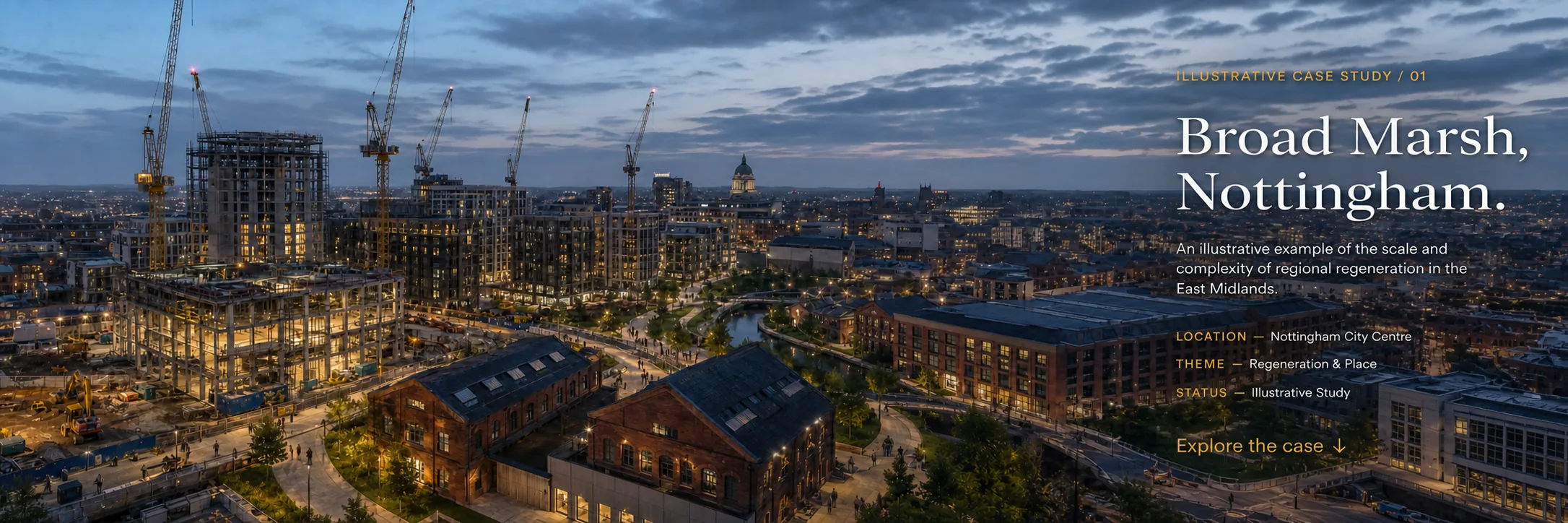Broad Marsh regeneration concept in Nottingham with cranes, new development, historic buildings and case-study information