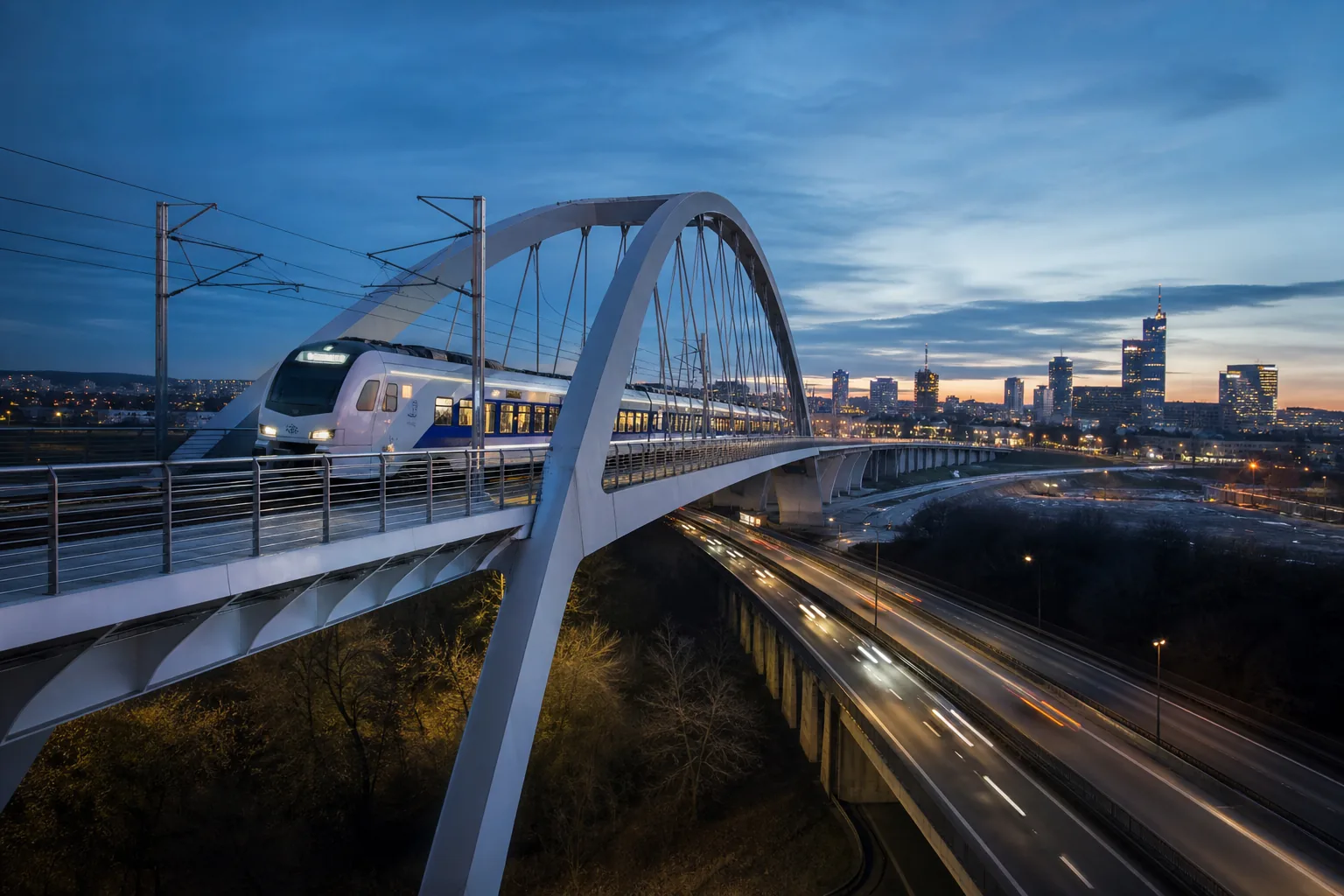Modern train crossing a bridge toward a connected urban skyline
