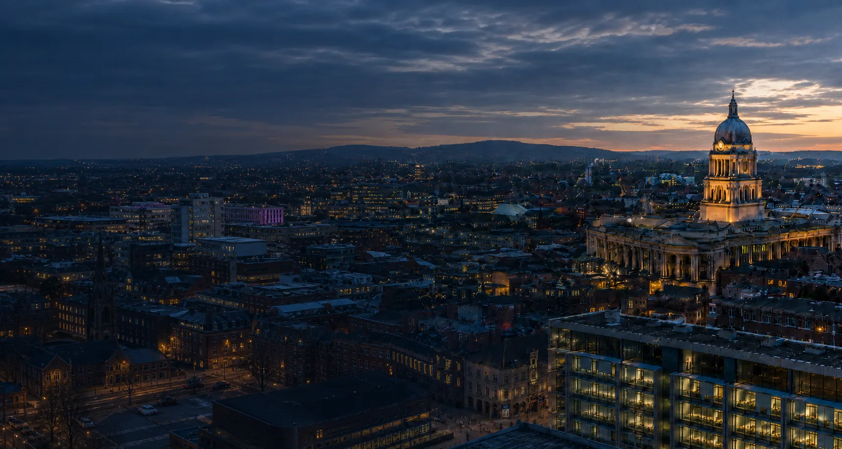 Nottingham city centre at twilight
