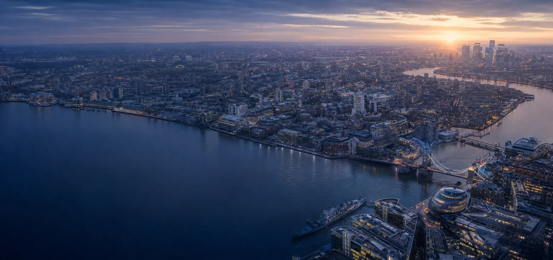 Aerial view of London and the Thames at dawn