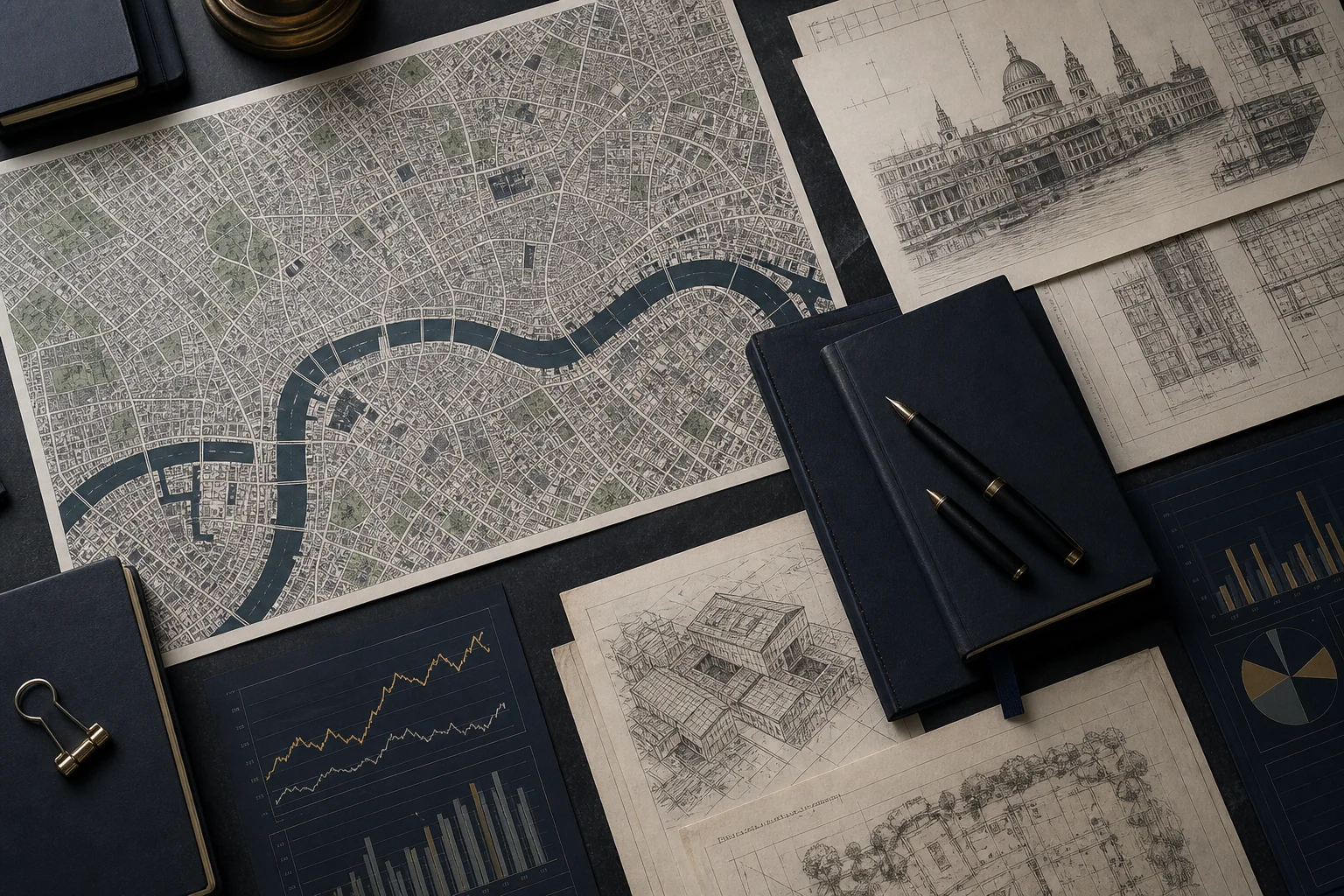London planning maps, architectural drawings and market analysis