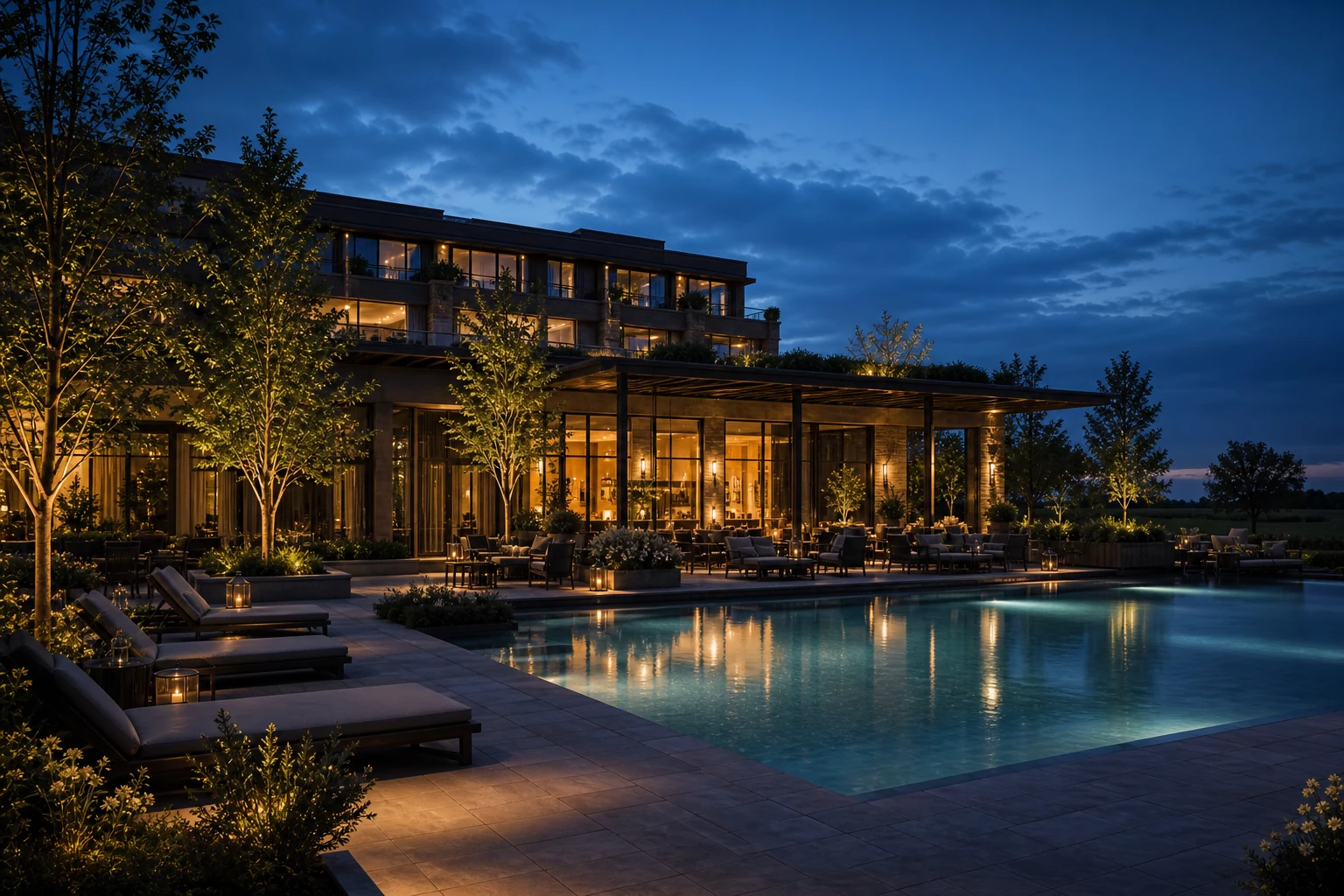 Premium hotel and leisure development with landscaped outdoor amenities.