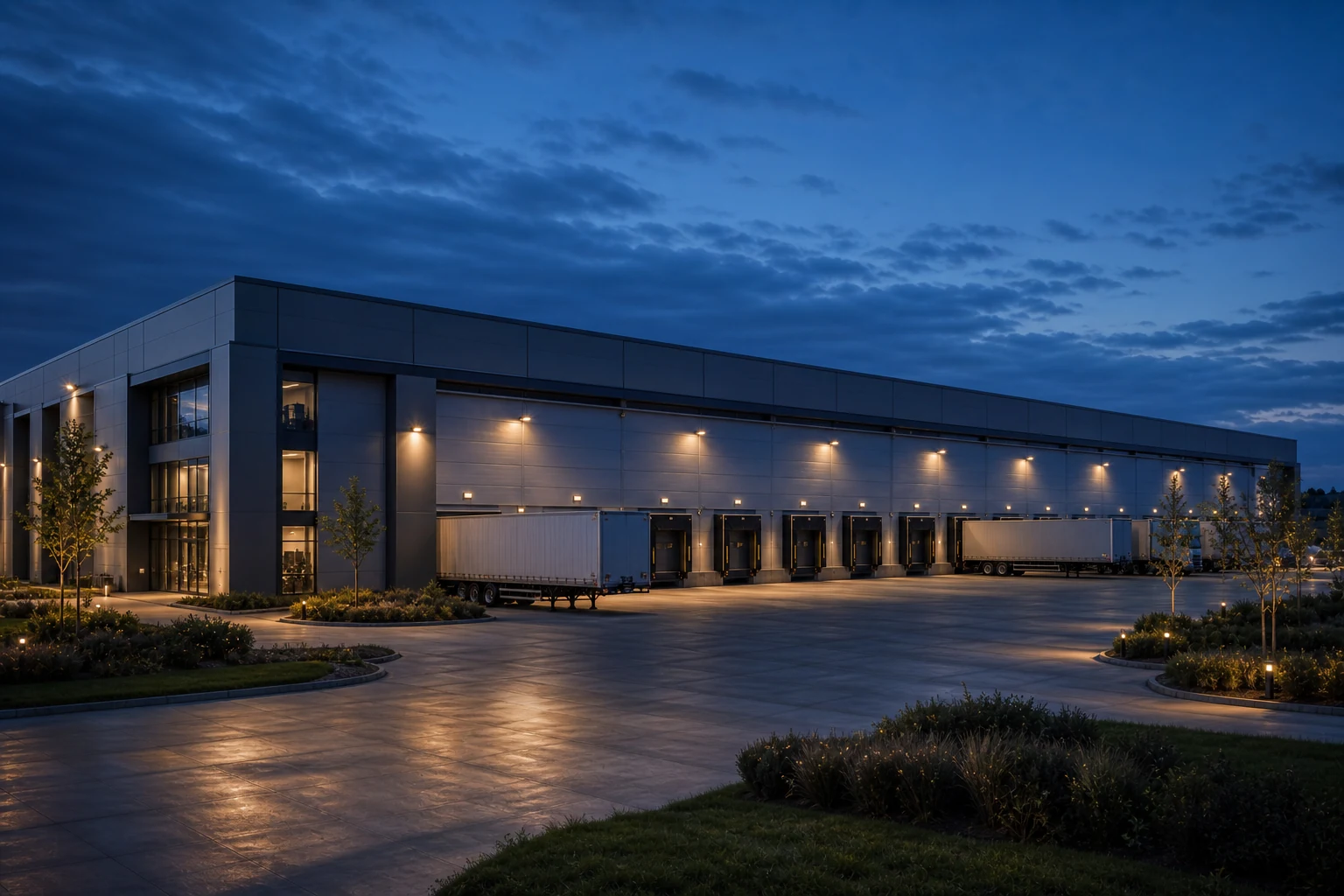 Modern logistics warehouse and freight vehicles