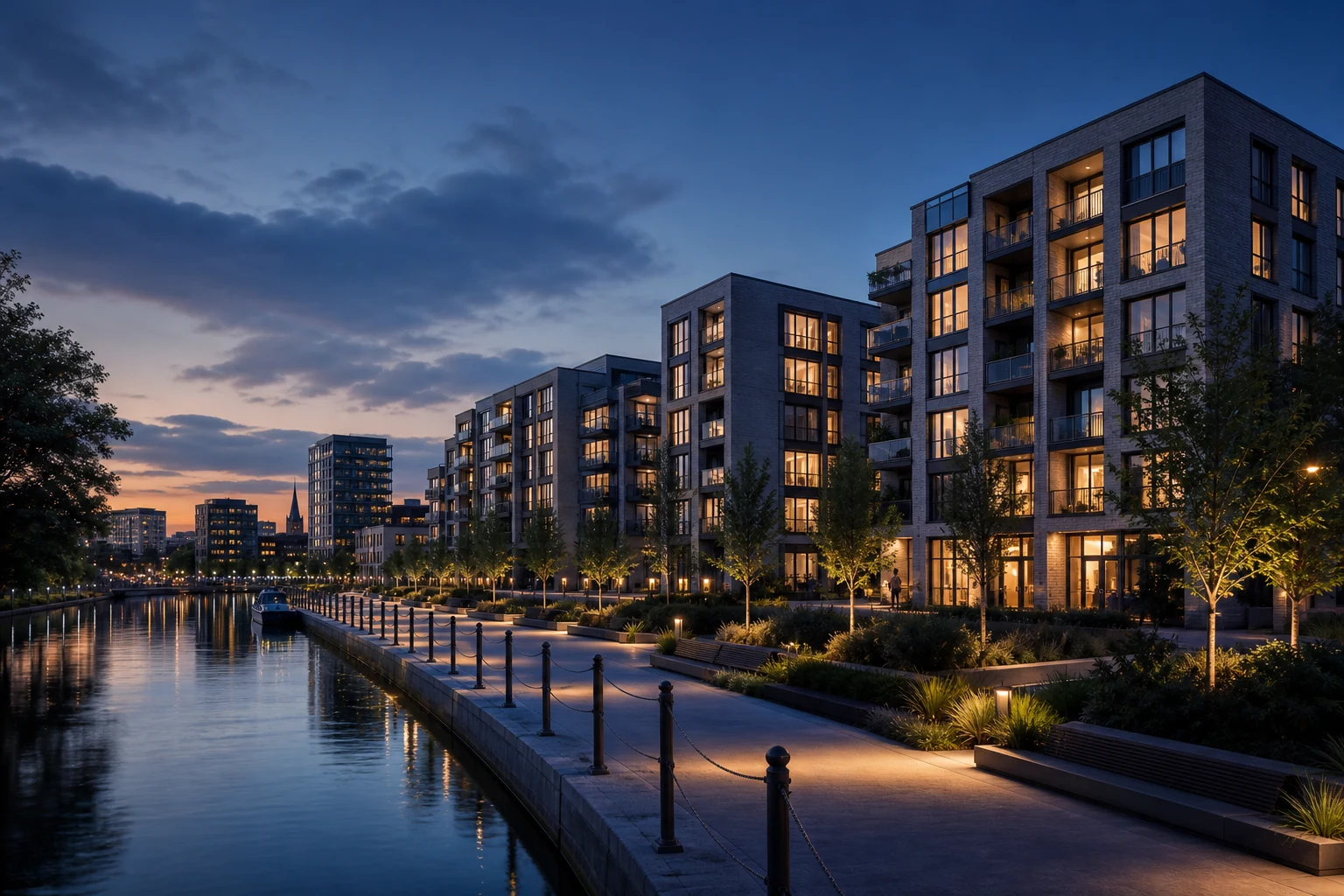 Mixed-use urban regeneration beside a waterfront at dusk