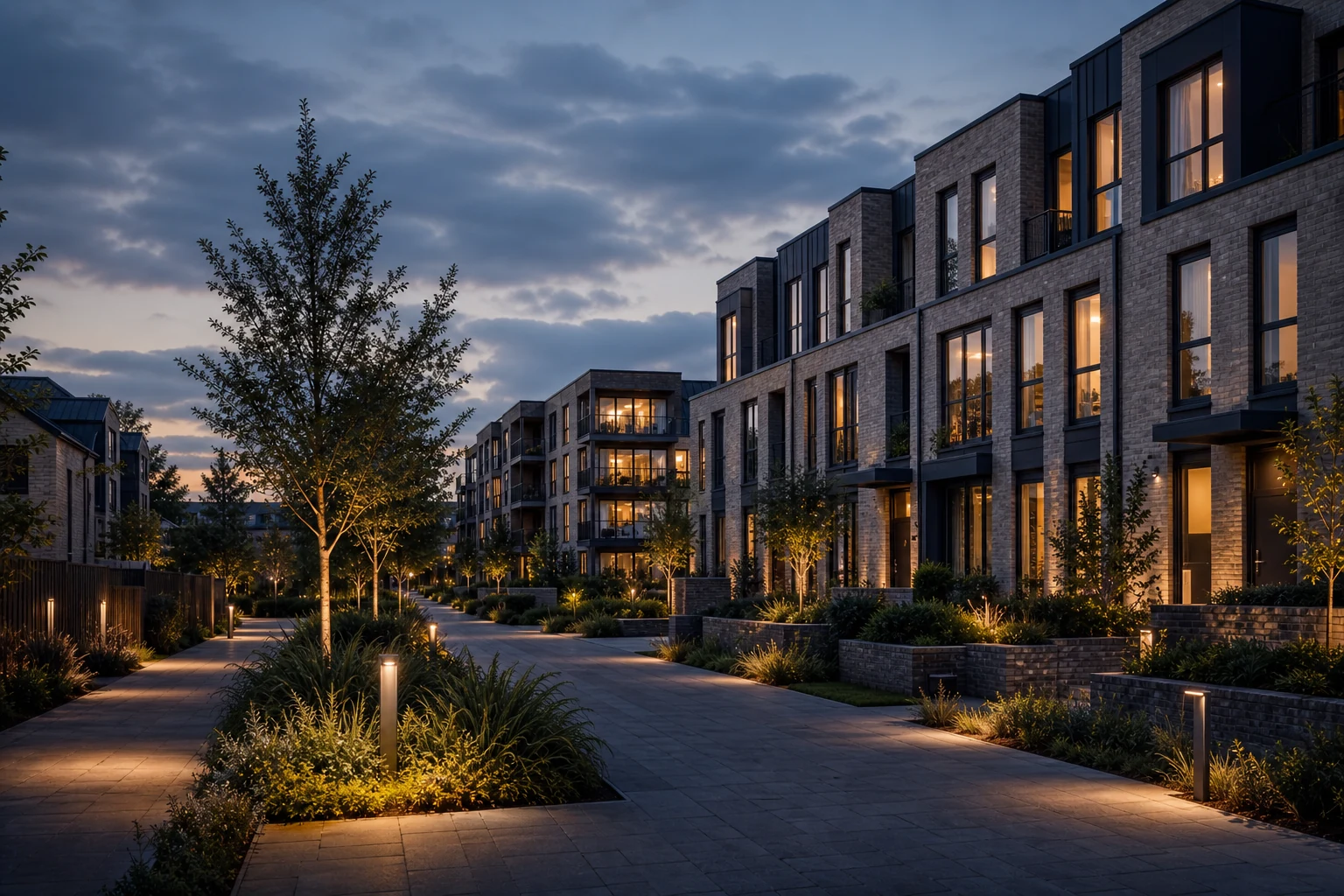 Modern residential homes and apartments within a landscaped development.